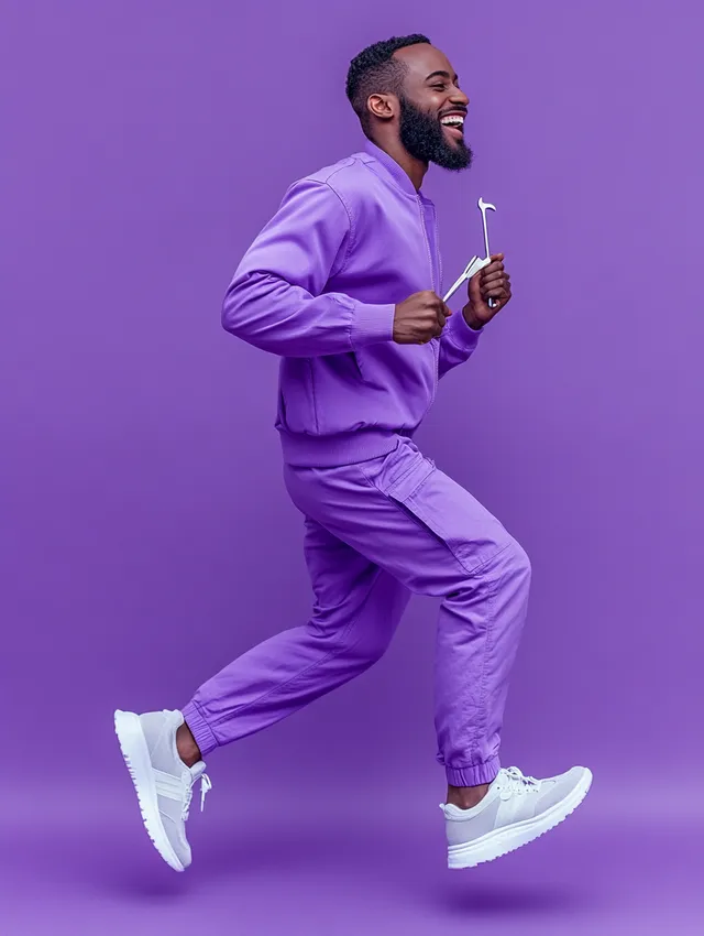 Happy man in purple suit running with toothbrush on city street