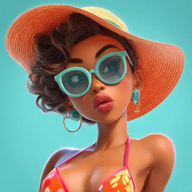 Create a high-quality 3D real cartoon style of a charming summer vacation story theme icon with a transparent background. Use vibrant summer theme colors: sunny orange for the beach outfit, teal blue for the hat, and bright pink for accents. The summer vacation icon should have a simplified yet expressive design capturing joy and flair, with a touch of stylized realism. Output in high-resolution 8K, excluding any additional elements or patterns. --raw