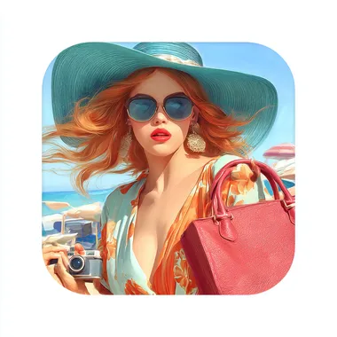 Create a high-quality 3D real cartoon style of a charming summer vacation story theme icon with a transparent background. Use vibrant summer theme colors: sunny orange for the beach outfit, teal blue for the hat, and bright pink for accents. The summer vacation icon should have a simplified yet expressive design capturing joy and flair, with a touch of stylized realism. Output in high-resolution 8K, excluding any additional elements or patterns. --raw