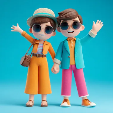 Create a high-quality 3D real cartoon style of a charming summer vacation story theme icon with a transparent background. Use vibrant summer theme colors: sunny orange for the beach outfit, teal blue for the hat, and bright pink for accents. The summer vacation icon should have a simplified yet expressive design capturing joy and flair, with a touch of stylized realism. Output in high-resolution 8K, excluding any additional elements or patterns. --raw