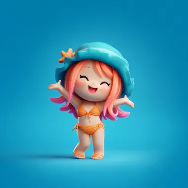 Create a high-quality 3D real cartoon style of a charming summer vacation story theme icon with a transparent background. Use vibrant summer theme colors: sunny orange for the beach outfit, teal blue for the hat, and bright pink for accents. The summer vacation icon should have a simplified yet expressive design capturing joy and flair, with a touch of stylized realism. Output in high-resolution 8K, excluding any additional elements or patterns. --raw