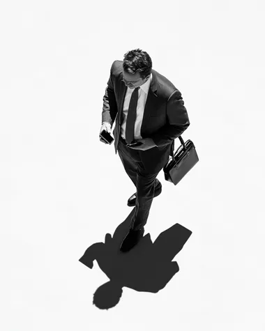 A black and white photograph of an overhead shot from above, a man in a suit holding his phone while walking with a briefcase, the shadow is cast on the ground by him. The background is white.