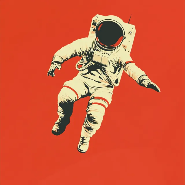 Astronaut in Minimalistic Artwork Inspired by Ikko Tanaka, 1960s Space