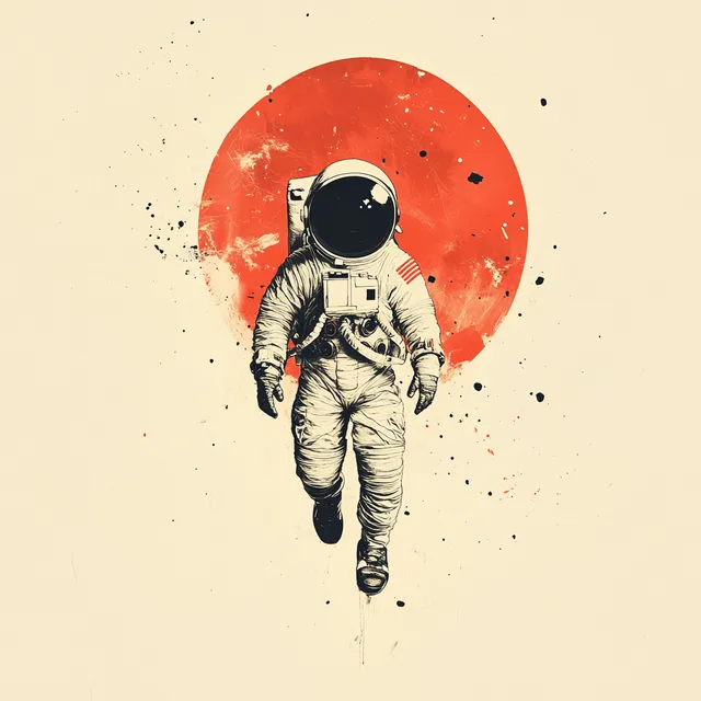 Astronaut Walking in Space Against Sun, Minimalist 1960s Ikko Tanaka Style