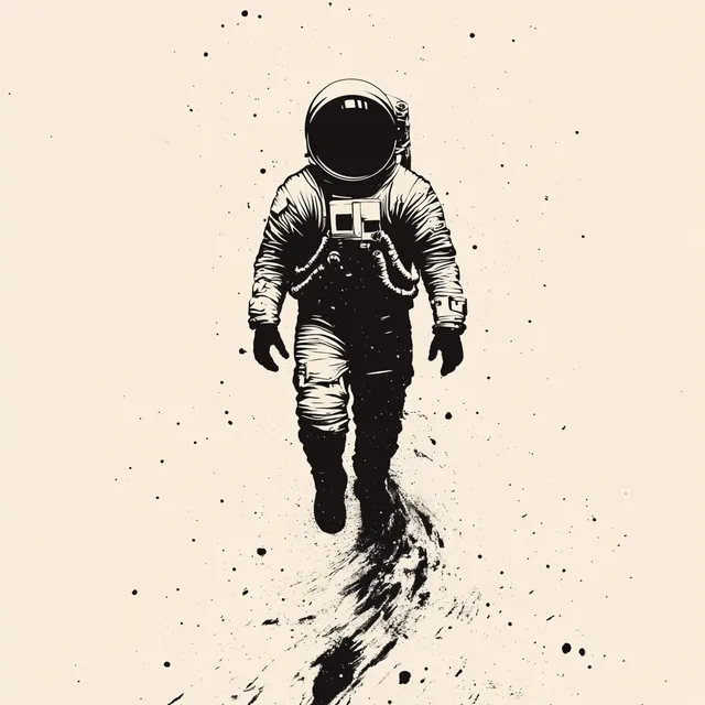 Astronaut Walking in Space: Minimalist Art Inspired by Ikko Tanaka 1960s