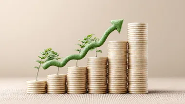 A conceptual digital illustration showcasing economic growth: a sleek green upward arrow curves dynamically beside neatly stacked, gleaming gold coins, representing financial success, rising profits, strong investments, and a stable economy. Perfect for use in financial presentations, economic reports, forecasts, and business marketing materials   --s 250  5ldzr7p