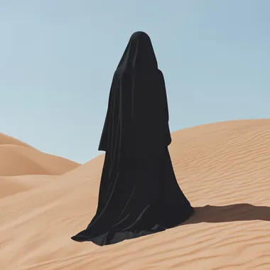 back shot of an arab woman standing on sand dunes on the desert, realistic, minimal, collage, abaya dress black