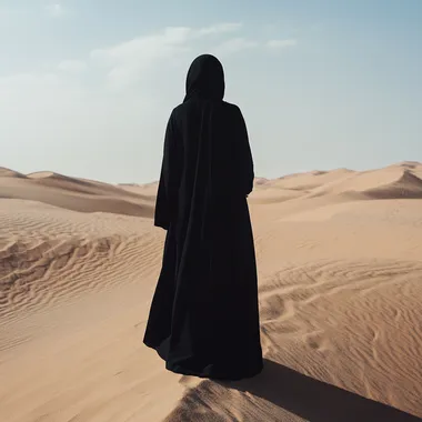 back shot of an arab woman standing on sand dunes on the desert, realistic, minimal, collage, abaya dress black