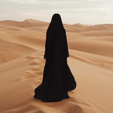 back shot of an arab woman standing on sand dunes on the desert, realistic, minimal, collage, abaya dress black