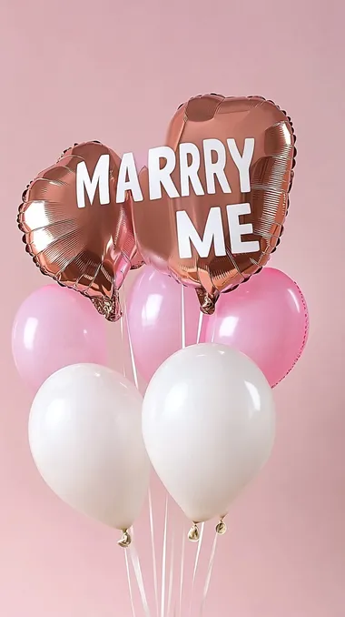 Romantic composition with rose gold "MARRY ME" foil balloons, surrounded by floating heart-shaped balloons, soft pink minimalist background    2fn2ejw