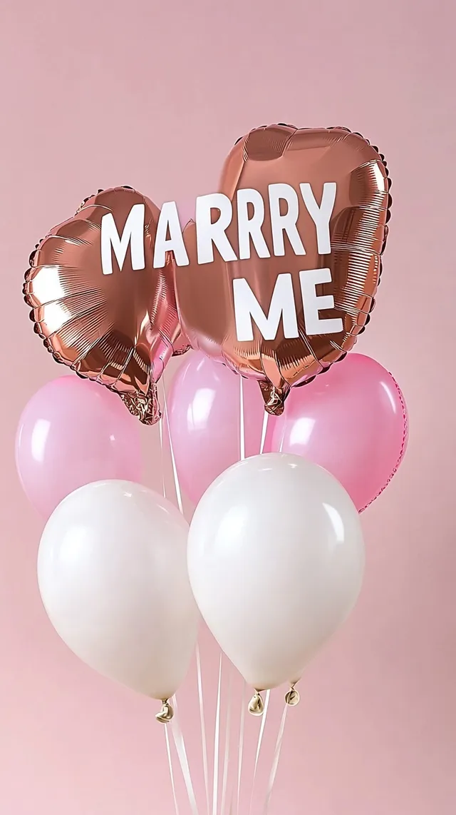 Romantic rose gold "MARRY ME" balloons for a dreamy proposal setting