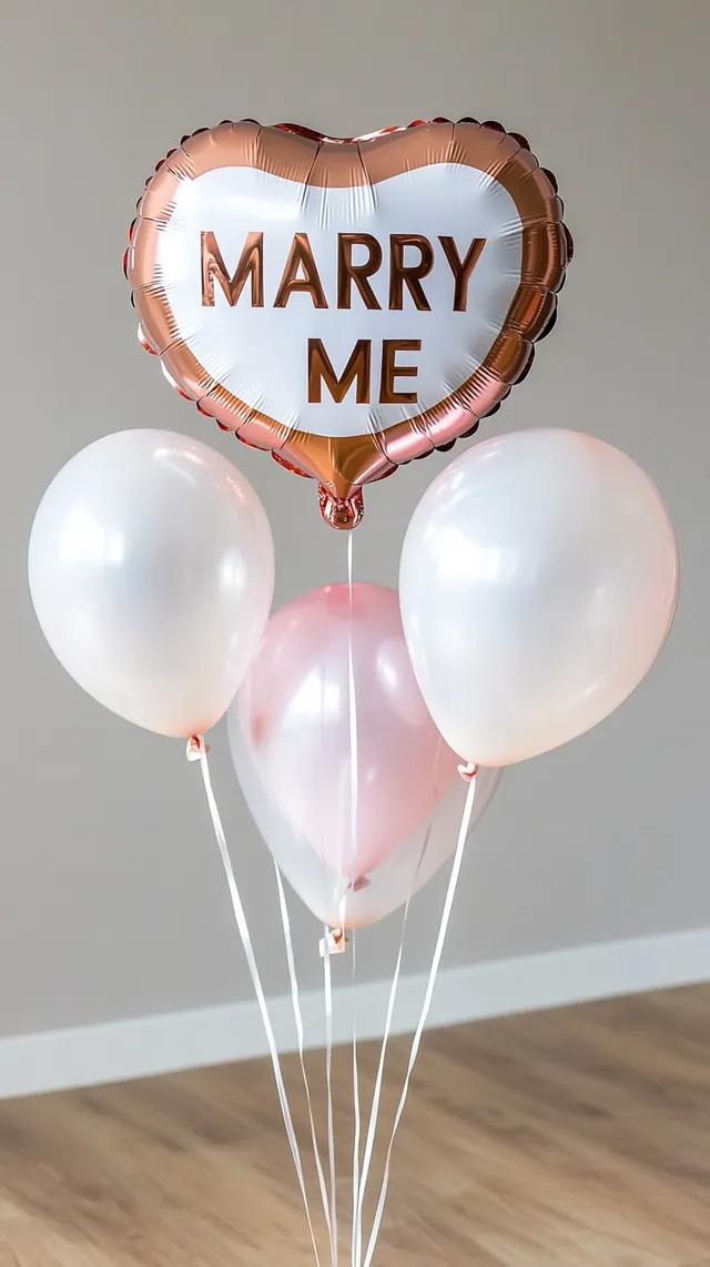 Romantic "Marry Me" Rose Gold Balloons in Soft Pink Living Room Decor
