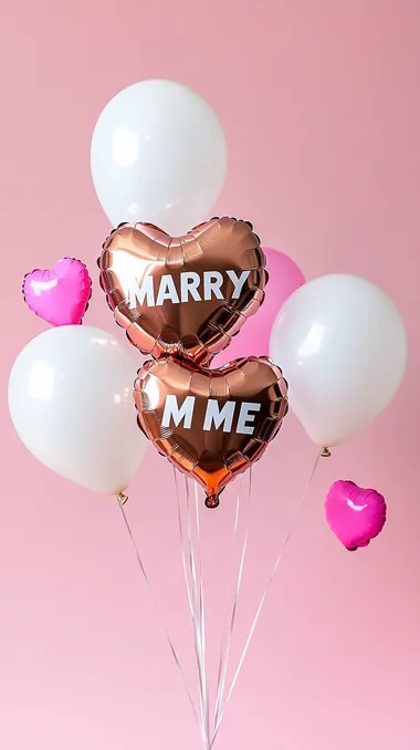 Romantic composition with rose gold "MARRY ME" foil balloons, surrounded by floating heart-shaped balloons, soft pink minimalist background    2fn2ejw