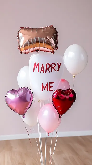Romantic composition with rose gold "MARRY ME" foil balloons, surrounded by floating heart-shaped balloons, soft pink minimalist background    2fn2ejw
