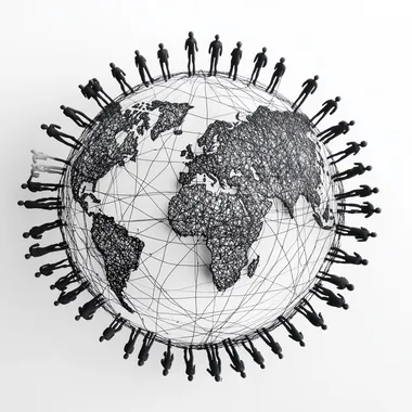 a black and white people interconnected arround a globe bold and clean image