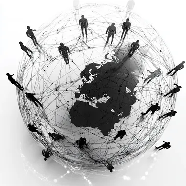 a black and white people interconnected arround a globe bold and clean image