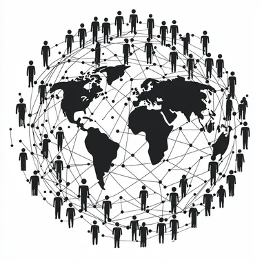 a black and white people interconnected arround a globe bold and clean image