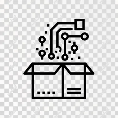 a very simple line based vector icon that illustrates the following - a box being fed data and ai applications coming out