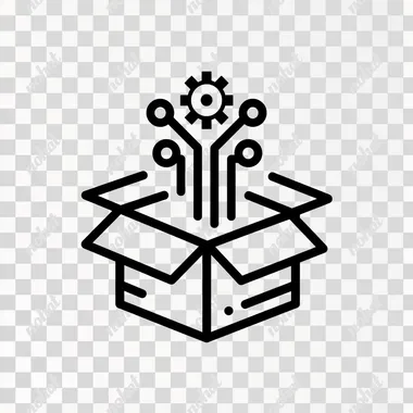 a very simple line based vector icon that illustrates the following - a box being fed data and ai applications coming out