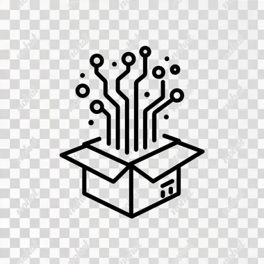 a very simple line based vector icon that illustrates the following - a box being fed data and ai applications coming out