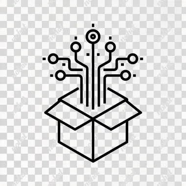 a very simple line based vector icon that illustrates the following - a box being fed data and ai applications coming out