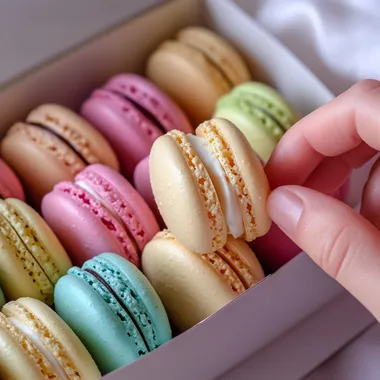a box of colory Macaron on the right, macaron front face to camera, a hand is picking one of them