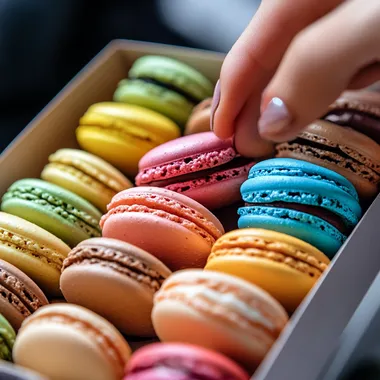a box of colory Macaron on the right, macaron front face to camera, a hand is picking one of them
