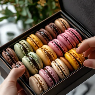 a box of colory Macaron on the right, macaron front face to camera, a hand is picking one of them