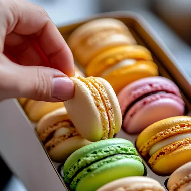 a box of colory Macaron on the right, macaron front face to camera, a hand is picking one of them