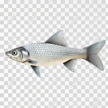 a fresh Indian Catla fish 2d illustration isolated on a white background, waterdrop on fish skin, a sleek, streamlined body and a slightly curved tail, symbolizing freshness and liveliness, The silver colour on main part tail fins and bottom part will be a dark shade of grey, medium tail