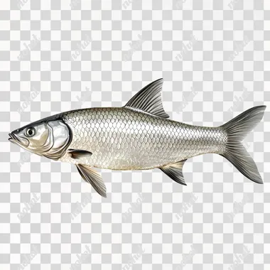 a fresh Indian Catla fish 2d illustration isolated on a white background, waterdrop on fish skin, a sleek, streamlined body and a slightly curved tail, symbolizing freshness and liveliness, The silver colour on main part tail fins and bottom part will be a dark shade of grey, medium tail