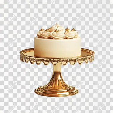 photo realistic, gold cake stand, vintage gold cake stand, with a cream coloured coquette cake on top of the stand, gold piping on the cake, on white isolated background