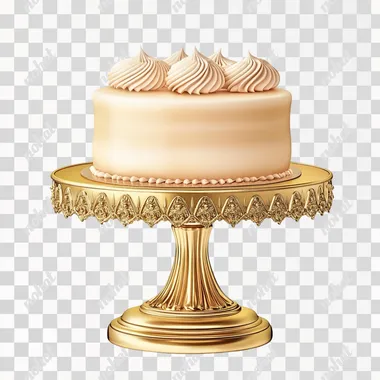 photo realistic, gold cake stand, vintage gold cake stand, with a cream coloured coquette cake on top of the stand, gold piping on the cake, on white isolated background