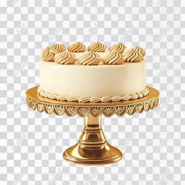 photo realistic, gold cake stand, vintage gold cake stand, with a cream coloured coquette cake on top of the stand, gold piping on the cake, on white isolated background