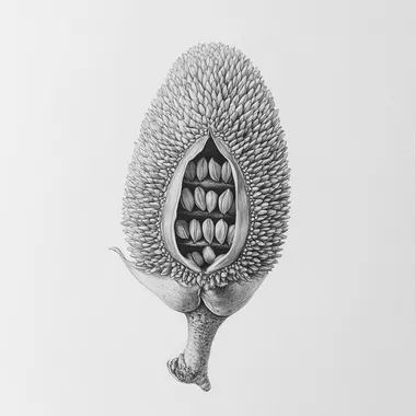 Highly fidelity pencil drawing of a coastal banksia seed pod, capturing the pods cylindrical shape (similar to a corn cob), with the openings where seeds emerge