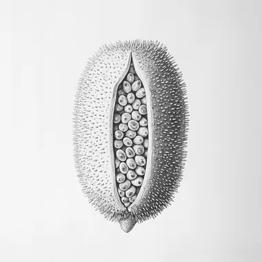 Highly fidelity pencil drawing of a coastal banksia seed pod, capturing the pods cylindrical shape (similar to a corn cob), with the openings where seeds emerge