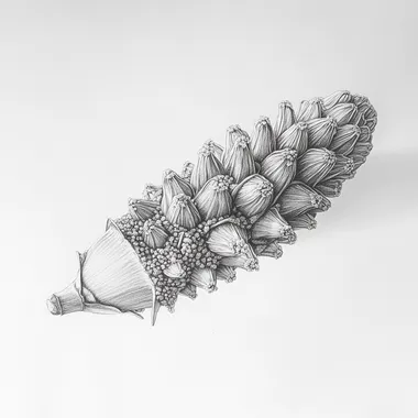 Highly fidelity pencil drawing of a coastal banksia seed pod, capturing the pods cylindrical shape (similar to a corn cob), with the openings where seeds emerge