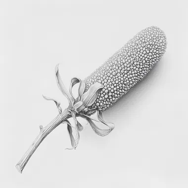 Highly fidelity pencil drawing of a coastal banksia seed pod, capturing the pods cylindrical shape (similar to a corn cob), with the openings where seeds emerge