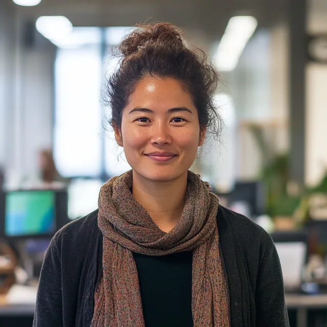 Woman in office smiling with scarf around her neck, facing viewer