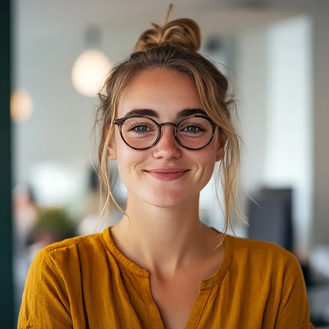 Woman in office wearing glasses, smiling for the camera at work