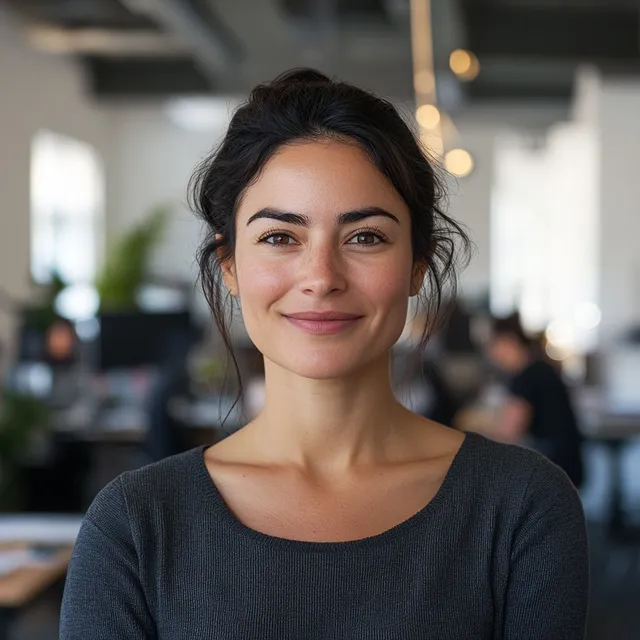 Woman smiling in an office, facing the viewer with a cheerful expression