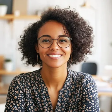 a person in an office facing the viewer, smiling
