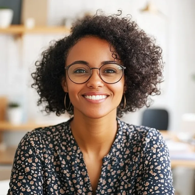 Woman in an office smiling at the camera while wearing glasses