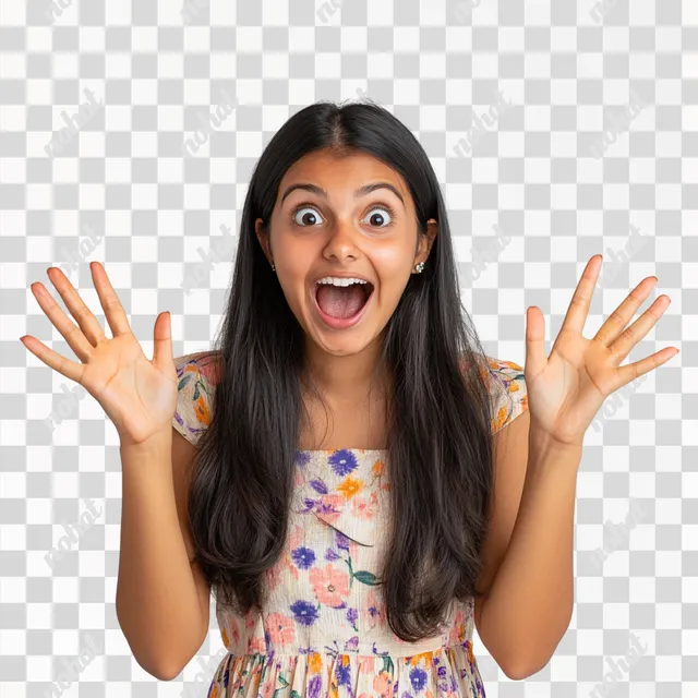 PNG Cheerful young Indian woman amazed by exciting sale news with hands raised