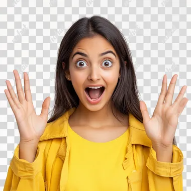 Photo of cheerful young Indian look positive girl 25 age raise hands ten fingers amazed sale news isolated on white color background