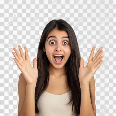 Photo of cheerful young Indian look positive girl 25 age raise hands ten fingers amazed sale news isolated on white color background