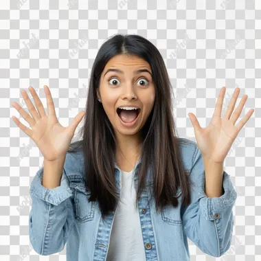 Photo of cheerful young Indian look positive girl 25 age raise hands ten fingers amazed sale news isolated on white color background