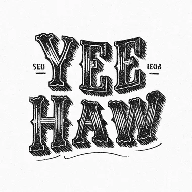 A vintage tattoo typography, western style, of the words "Yee Haw" isolated on white background, hand drawn doodle Illustration in the style of Sailor Jerry, black and white  rofile 2shval5