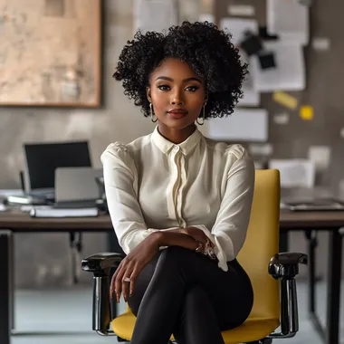 successful black women sitting on her office chair