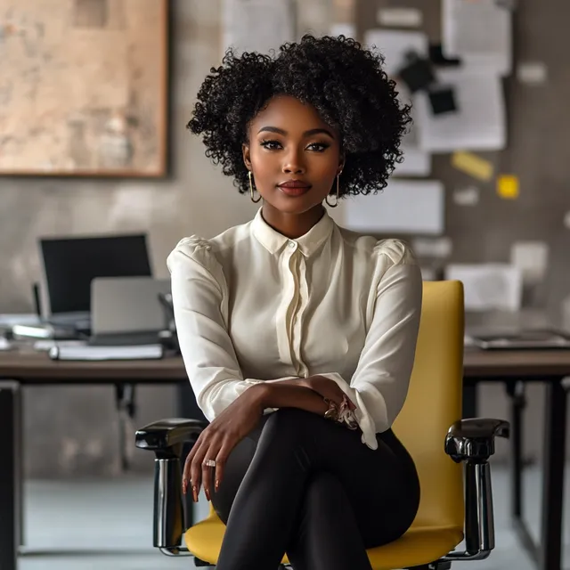 Successful Black woman sitting in office chair at her professional workspace